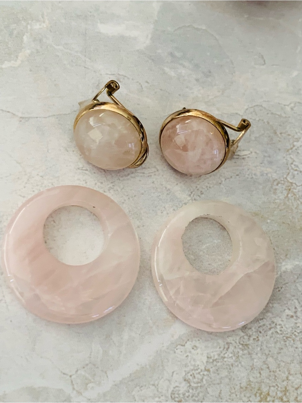 Rose Quartz Pink Hoop Drop Vintage Omega Earrings 2 in 1 - Picture 2 of 6
